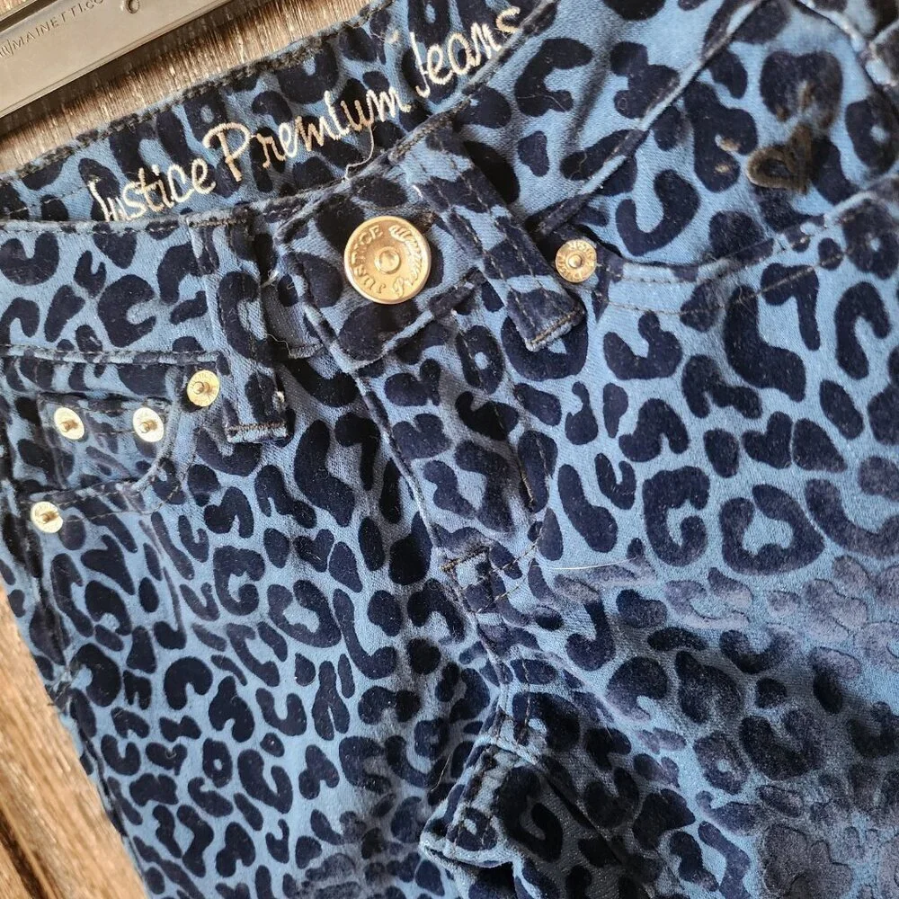 Justice‎ Premium Jeans Blue Leopard Print Textured Velvet Size 7S Simply Low EUC